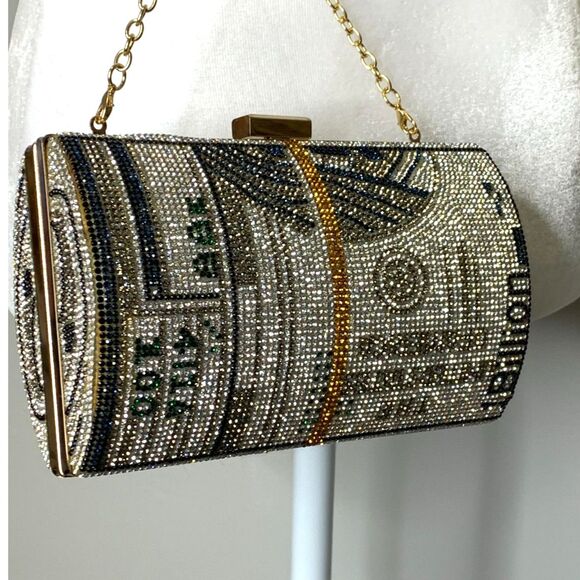 Bling Rhinestone Money Clutch Bag Purse Crystal Evening Handbag Dollar Stack Y2K - Picture 2 of 12